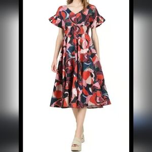LILI SIDONIO X HOLLY BRACKEN Smocked Red Floral Fit and Flare Midi Dress Medium